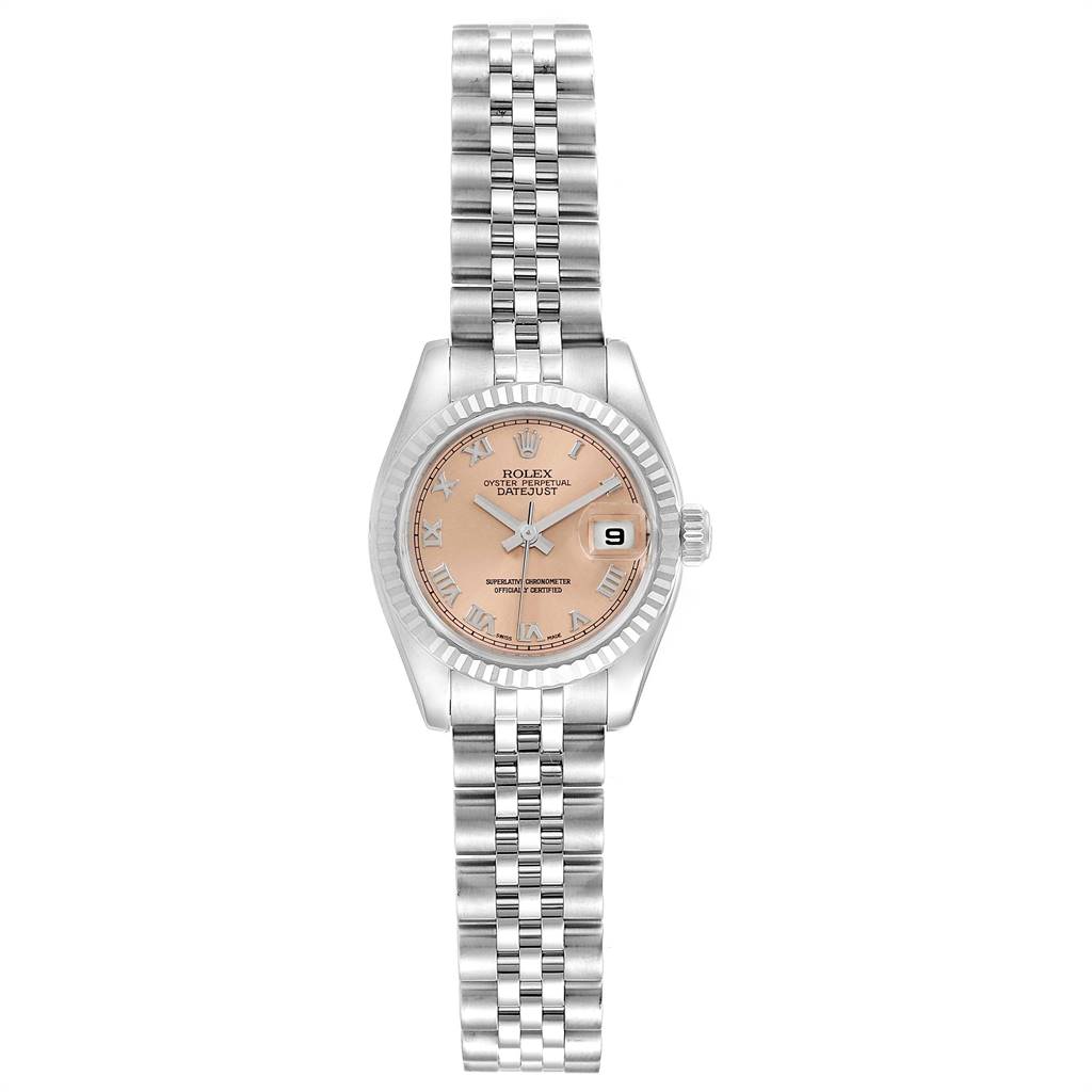 The image shows a front view of a Rolex Datejust 179174 Women's Stainless Steel Pink Dial 179174 Women's Stainless Steel Pink Dial watch featuring a pink dial, date window, and a silver jubilee bracelet.
