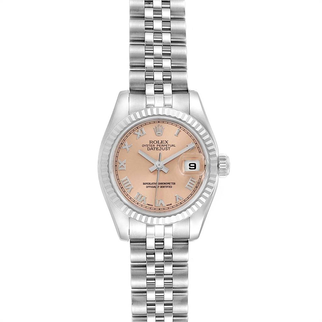 This image shows a Rolex Datejust 179174 Women's Stainless Steel Pink Dial 179174 Women's Stainless Steel Pink Dial watch from a top-down angle, displaying the face, bezel, crown, and bracelet.