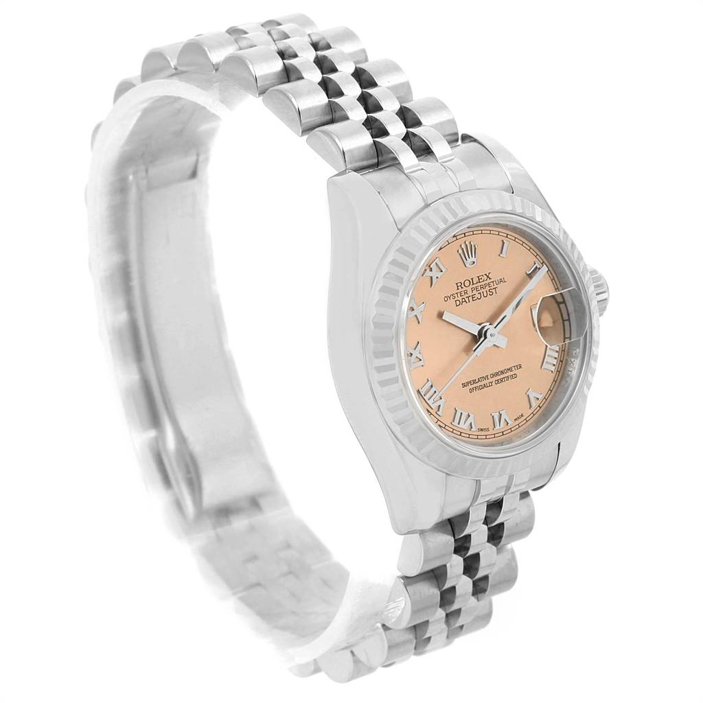 The Rolex Datejust 179174 Women's Stainless Steel Pink Dial 179174 Women's Stainless Steel Pink Dial watch is shown at a slight angle, highlighting its dial, bezel, and jubilee bracelet.