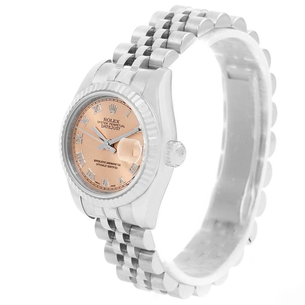 The Rolex Datejust 179174 Women's Stainless Steel Pink Dial 179174 Women's Stainless Steel Pink Dial watch is shown from a front angle with a focus on the face, bezel, and bracelet.