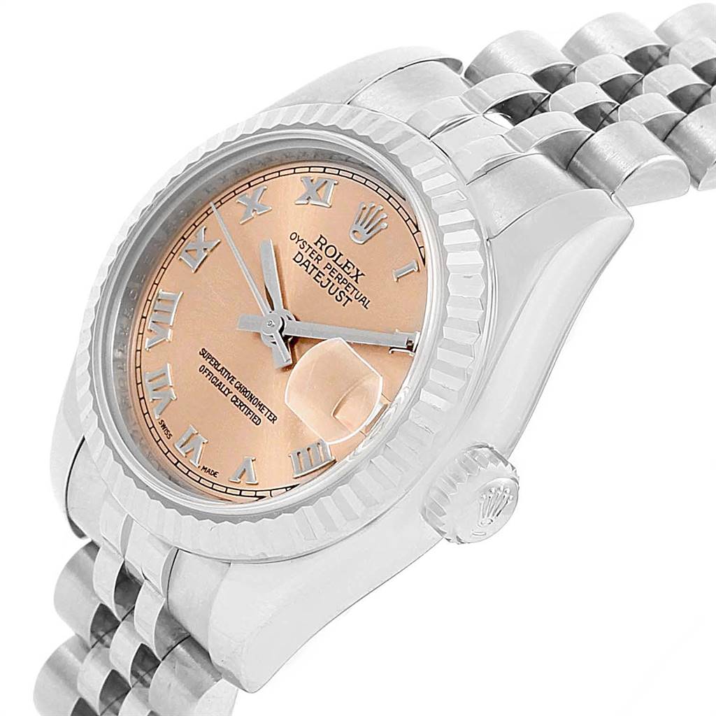 This image shows a Rolex Datejust 179174 Women's Stainless Steel Pink Dial 179174 Women's Stainless Steel Pink Dial watch at an angled side view, highlighting the dial, bezel, crown, and bracelet.