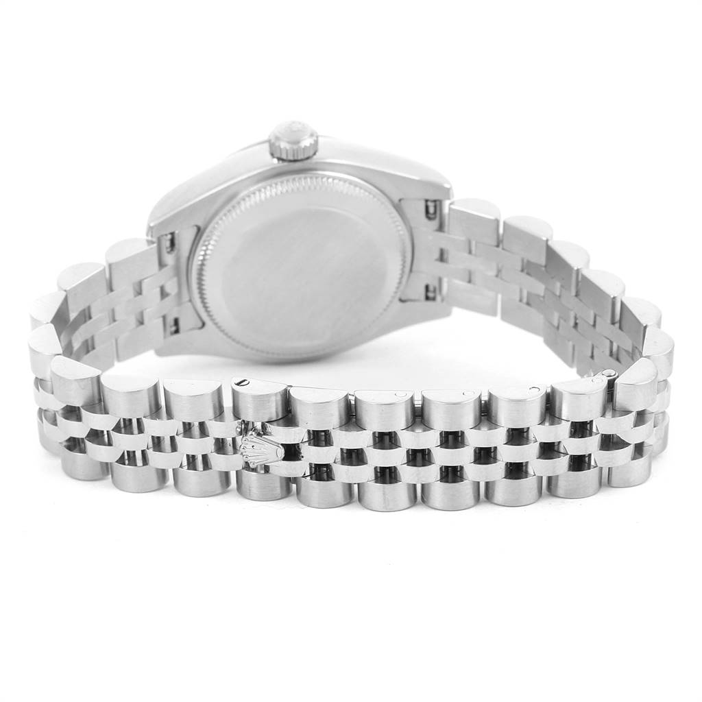 The image shows the back view of a Rolex Datejust 179174 Women's Stainless Steel Pink Dial 179174 Women's Stainless Steel Pink Dial watch, highlighting its stainless steel case and Jubilee bracelet.