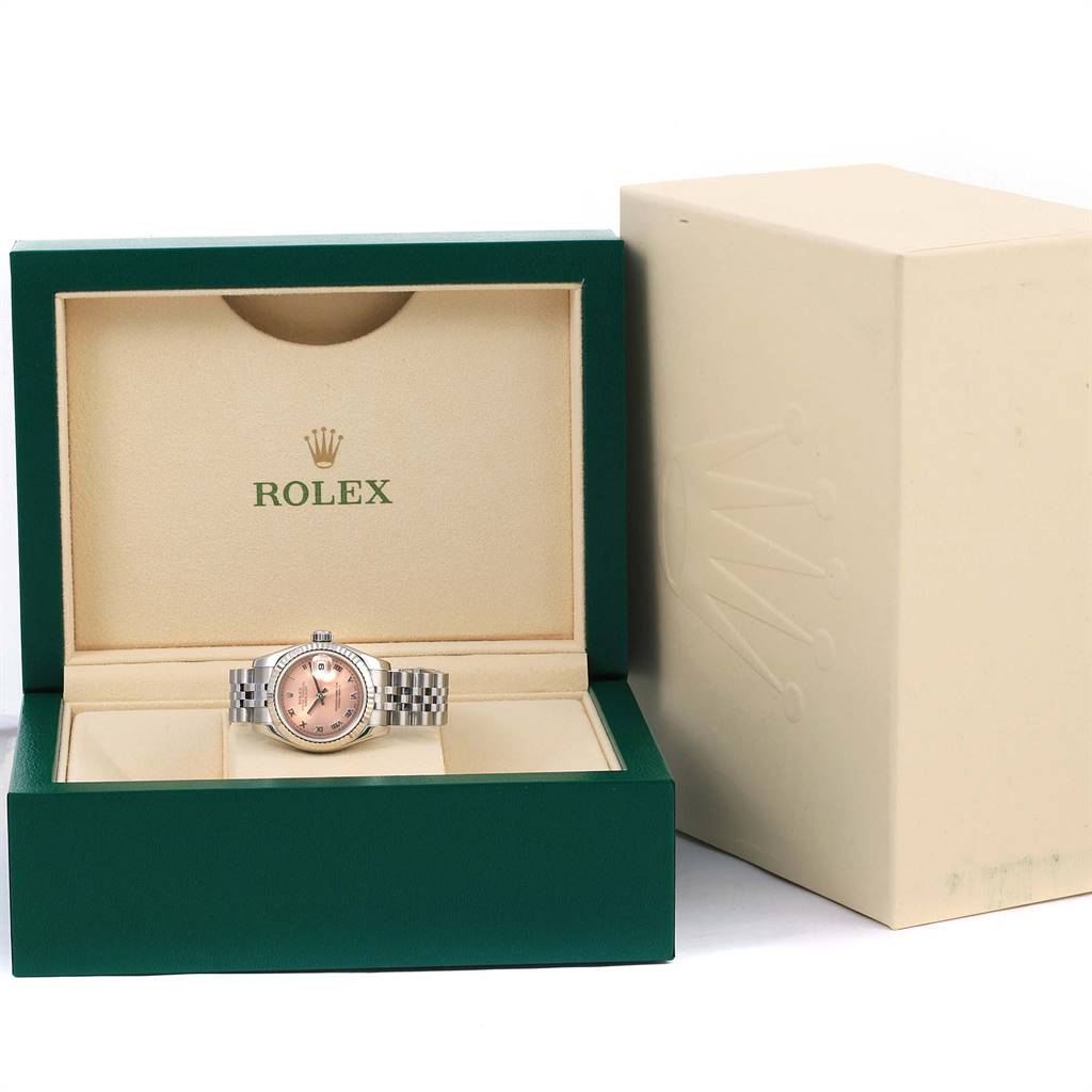 The image shows a Rolex Datejust 179174 Women's Stainless Steel Pink Dial 179174 Women's Stainless Steel Pink Dial watch with a checkered bracelet, displayed in an open Rolex box with another box beside it.
