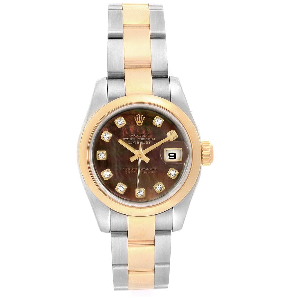 The image shows a front view of a Rolex Datejust 179163 Women's Steel and Gold (two tone) Mother of Pearl Dial 179163 Women's Steel and Gold (two tone) Mother of Pearl Dial watch, highlighting the face, bezel, and two-tone bracelet.