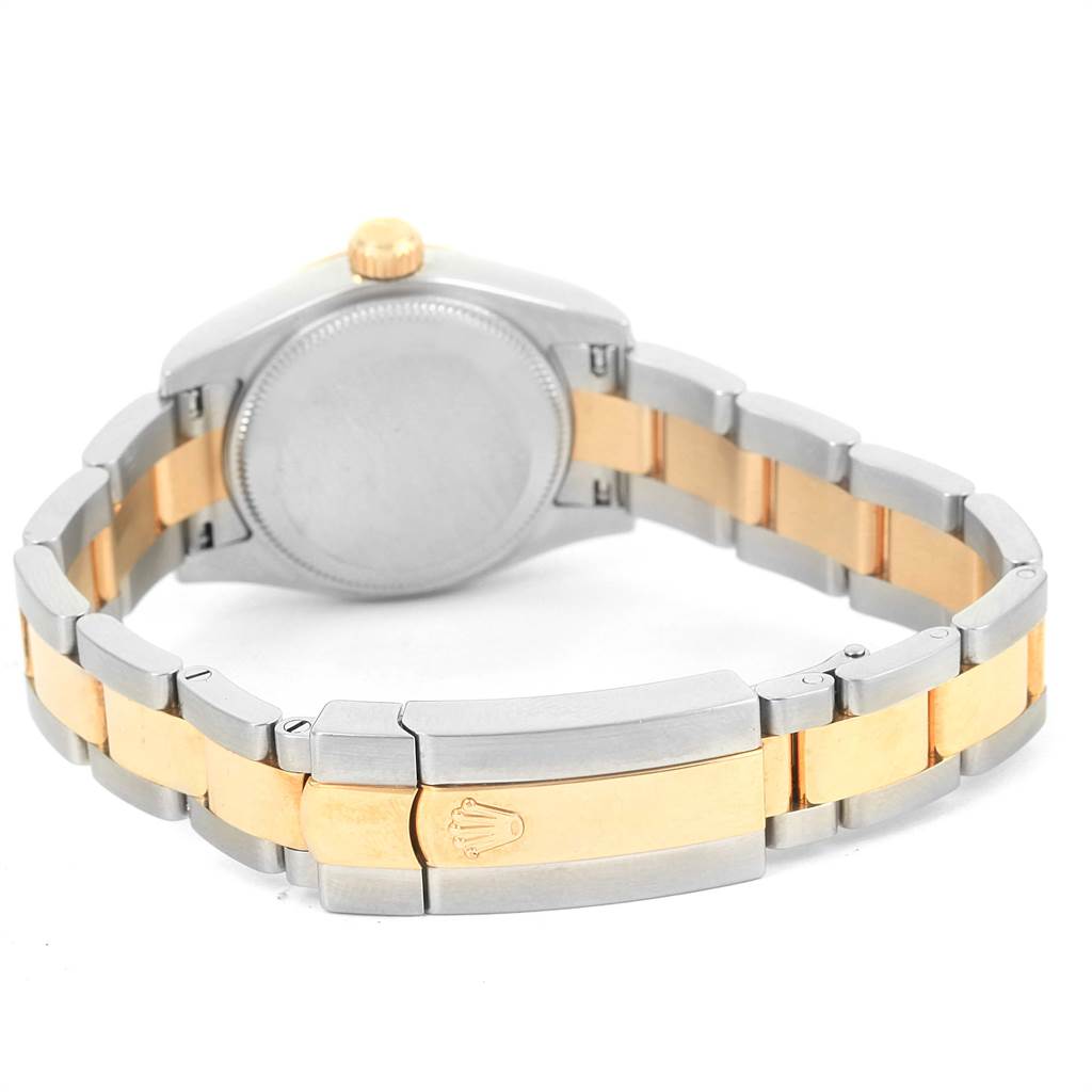 The image shows the back view of a Rolex Datejust 179163 Women's Steel and Gold (two tone) Mother of Pearl Dial 179163 Women's Steel and Gold (two tone) Mother of Pearl Dial watch, highlighting its two-tone bracelet and clasp.