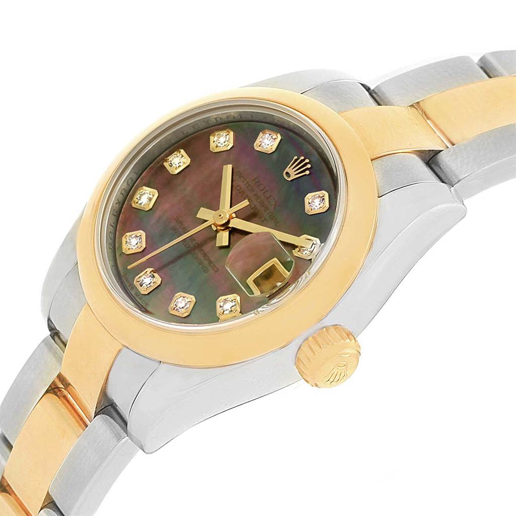 The image shows a close-up angled view of a Rolex Datejust 179163 Women's Steel and Gold (two tone) Mother of Pearl Dial 179163 Women's Steel and Gold (two tone) Mother of Pearl Dial watch, highlighting its dial, bezel, crown, and bracelet.