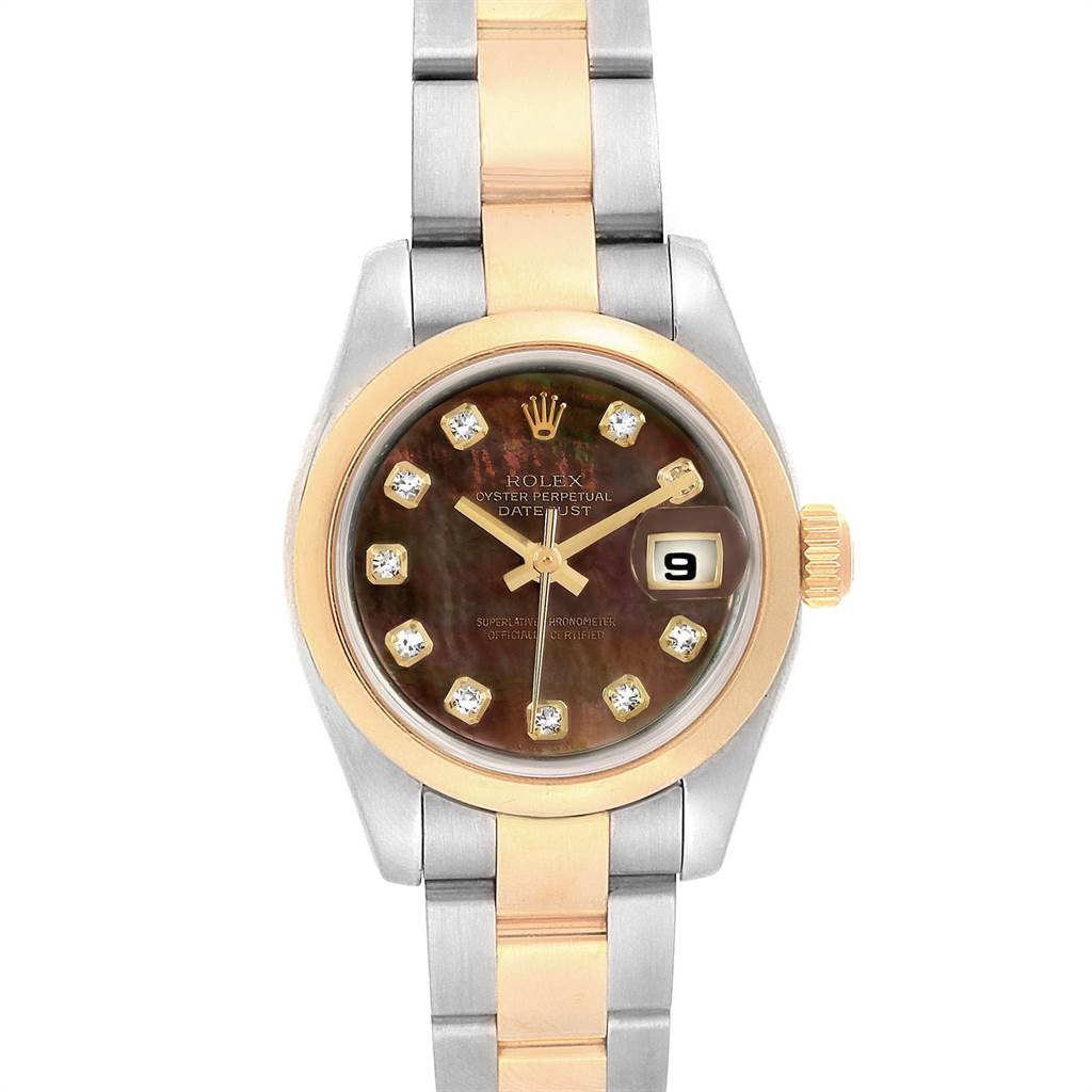 The image shows the dial, bezel, and bracelet of a Rolex Datejust 179163 Women's Steel and Gold (two tone) Mother of Pearl Dial 179163 Women's Steel and Gold (two tone) Mother of Pearl Dial watch from a frontal angle.