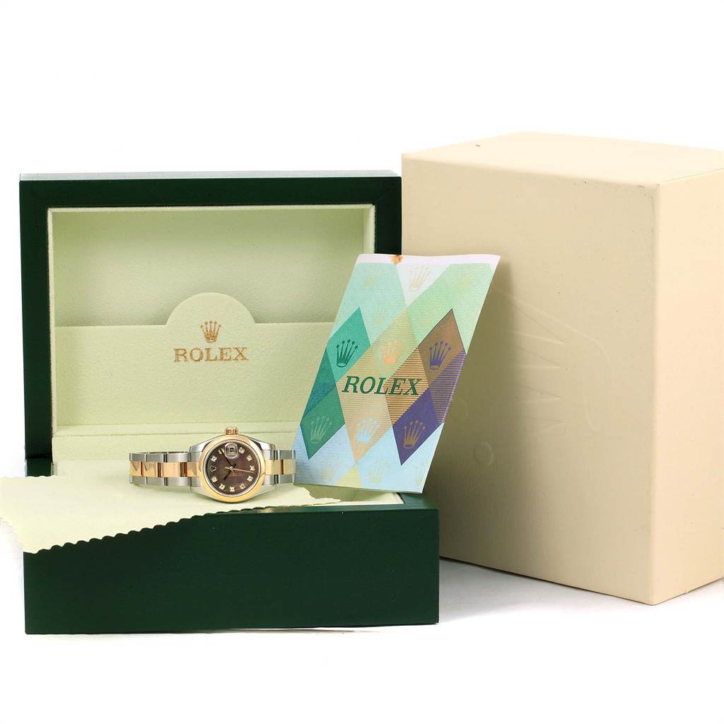 The image shows a Rolex Datejust 179163 Women's Steel and Gold (two tone) Mother of Pearl Dial 179163 Women's Steel and Gold (two tone) Mother of Pearl Dial watch and its packaging, including the watch box, warranty card, and outer box from a front angle.
