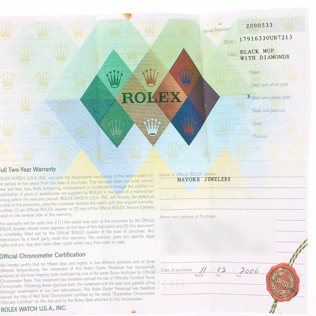 The image shows the warranty card for a Rolex Datejust 179163 Women's Steel and Gold (two tone) Mother of Pearl Dial 179163 Women's Steel and Gold (two tone) Mother of Pearl Dial model, including details like the serial number and date of purchase.