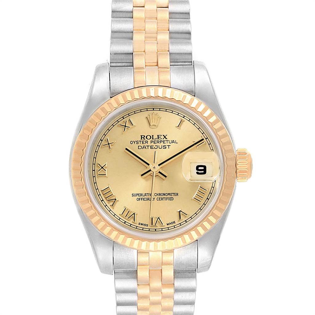 The Rolex Datejust 179173 Women's Steel and Gold (two tone) Champagne Dial 179173 Women's Steel and Gold (two tone) Champagne Dial watch is shown from a top view, displaying its dial, bracelet, bezel, and date window.