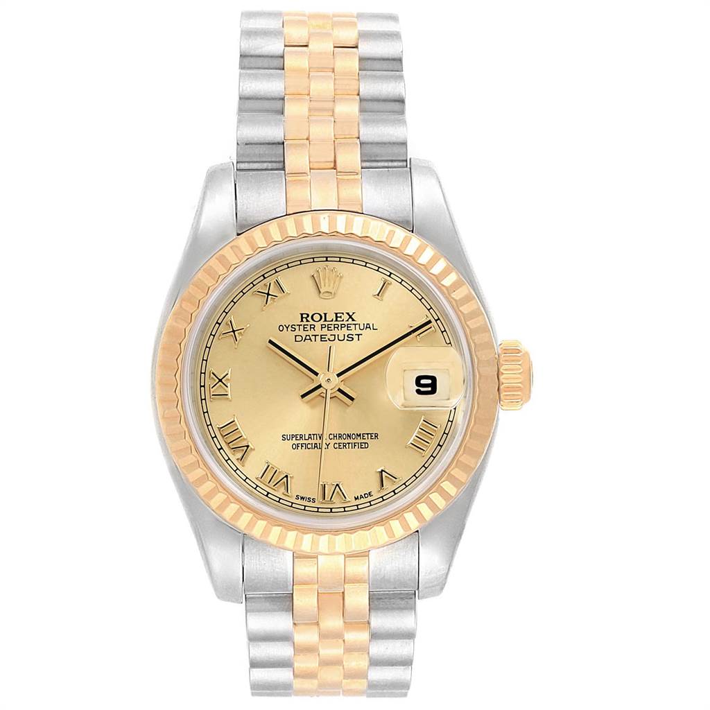 This image shows a front view of a Rolex Datejust 179173 Women's Steel and Gold (two tone) Champagne Dial 179173 Women's Steel and Gold (two tone) Champagne Dial watch, highlighting the face, bezel, crown, and two-tone bracelet.