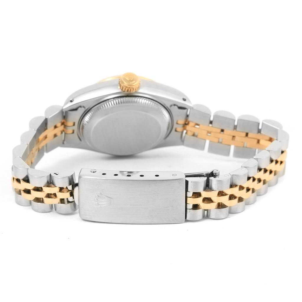 The image shows the back view of a Rolex Datejust 69173 Women
s Stainless Steel Champagne Dial 69173 Women
s Stainless Steel Champagne Dial watch, focusing on its case back and Jubilee bracelet with clasp.