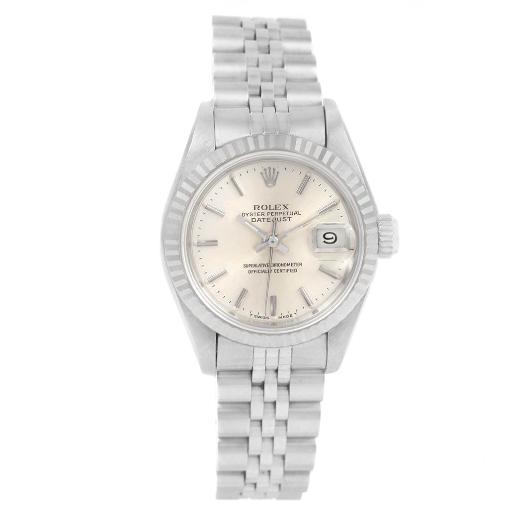 This Rolex Datejust 69174 Women's Stainless Steel Silver Dial 69174 Women's Stainless Steel Silver Dial watch is shown from a top-down angle, featuring its dial, bezel, bracelet, and crown.