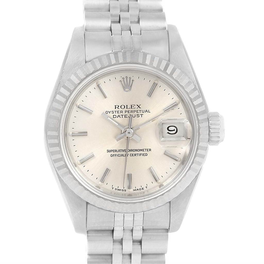 This image shows a front view of a Rolex Datejust 69174 Women's Stainless Steel Silver Dial 69174 Women's Stainless Steel Silver Dial, highlighting the dial, crown, and part of the bracelet.