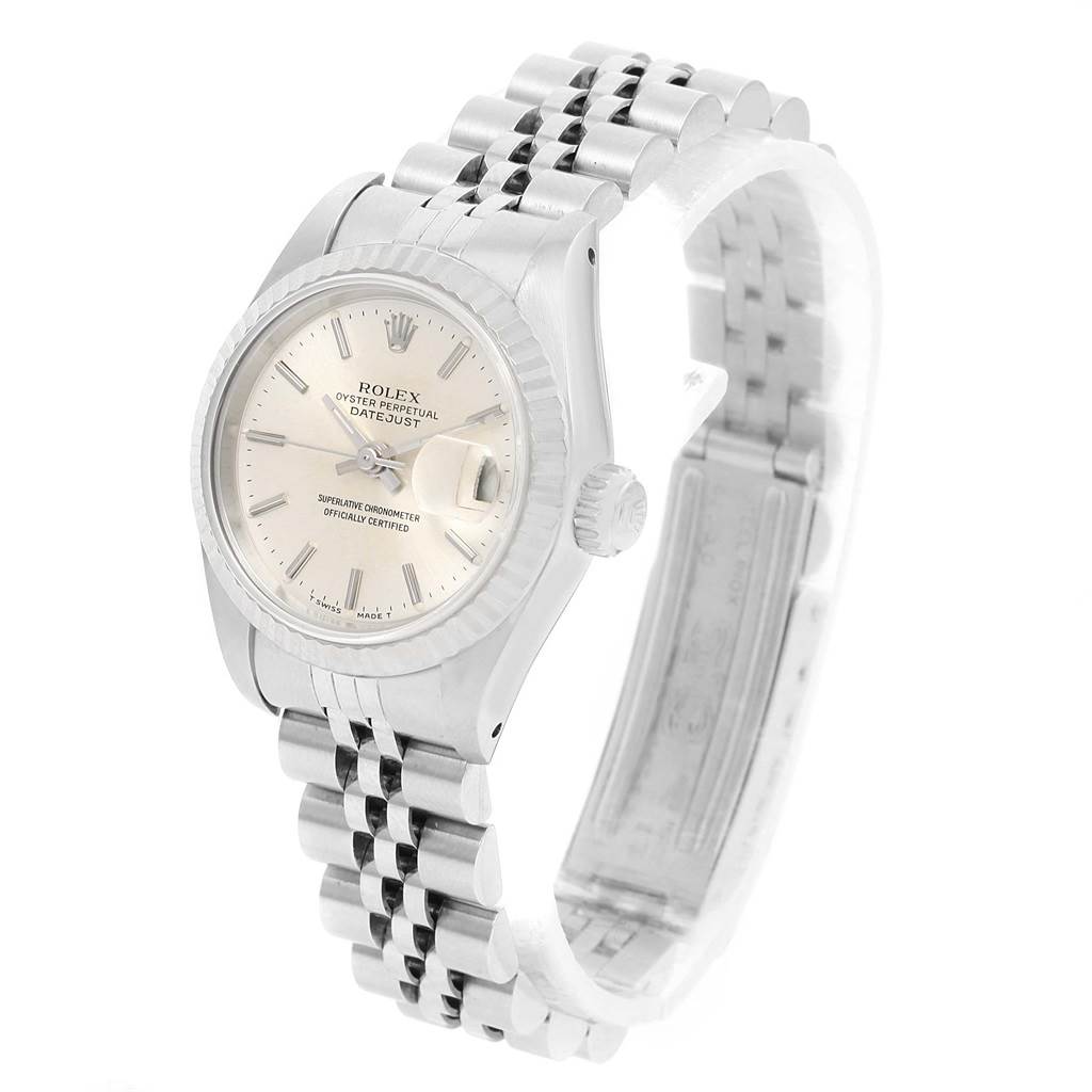 This Rolex Datejust 69174 Women's Stainless Steel Silver Dial 69174 Women's Stainless Steel Silver Dial model watch is shown from a three-quarter angle, displaying the face, bezel, crown, and jubilee bracelet.