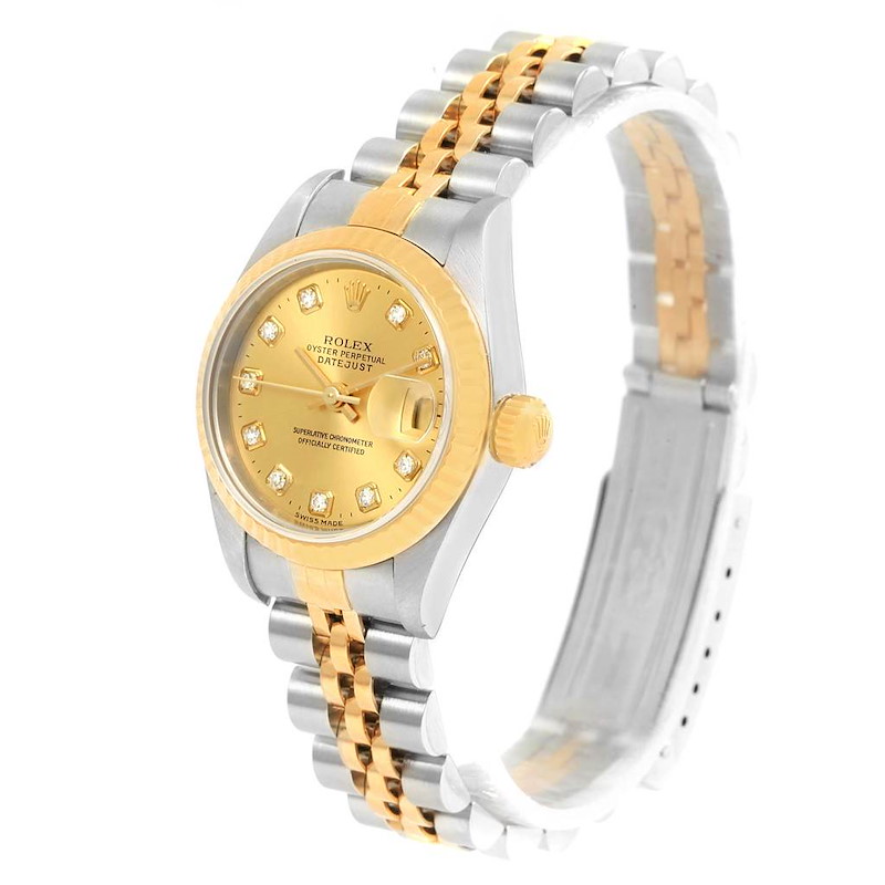 The Rolex Datejust watch is shown at a slight angle, displaying its gold dial, bezel, crown, and two-tone bracelet.