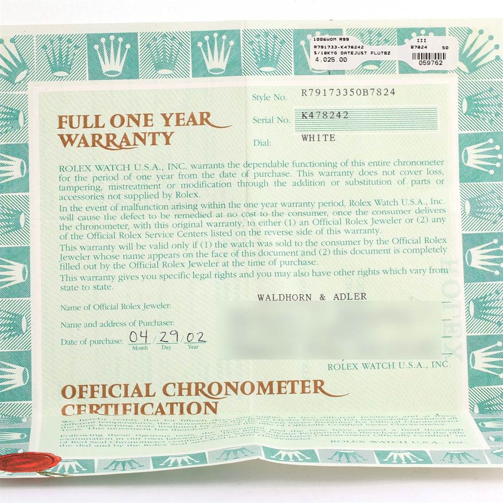 The image shows a flat-lay view of the official chronometer certification and one-year warranty for a Rolex Datejust 79173 Women's Steel and Gold (two tone) White Dial 79173 Women's Steel and Gold (two tone) White Dial watch.