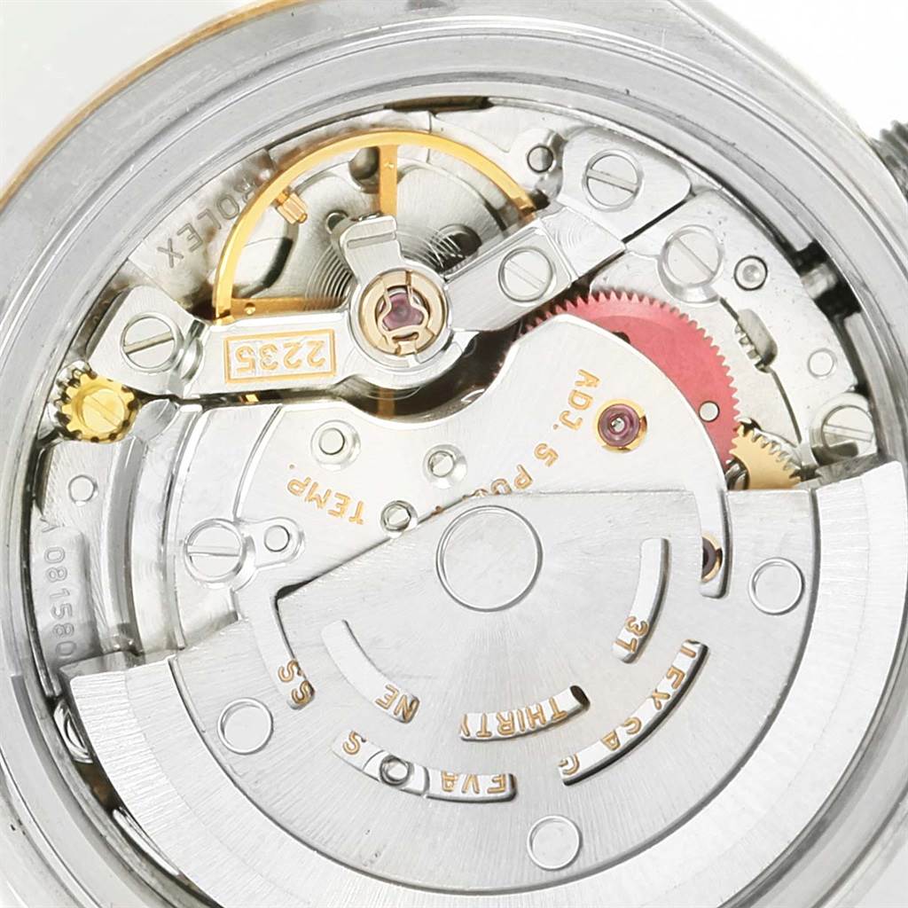 This image shows the internal movement mechanism of a Rolex Datejust 79173 Women's Steel and Gold (two tone) White Dial 79173 Women's Steel and Gold (two tone) White Dial watch from a top-down angle.