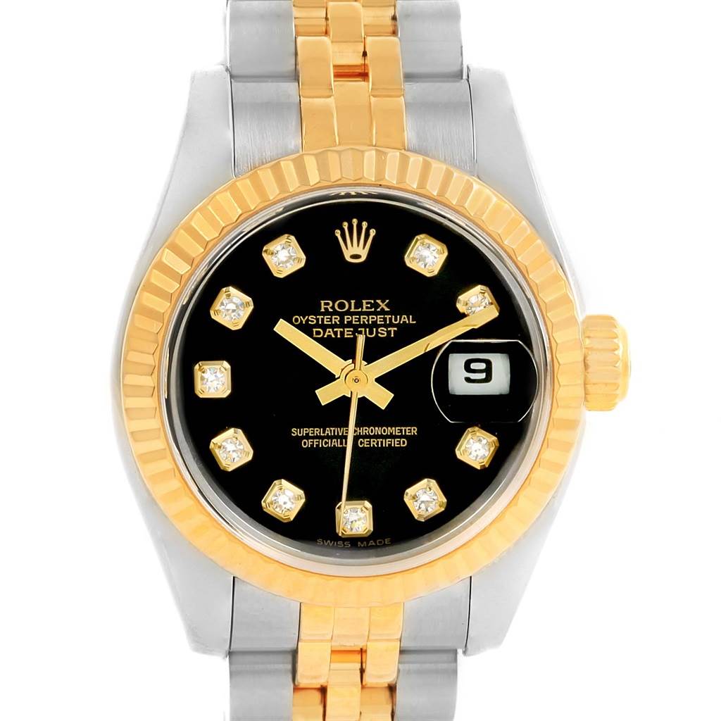 The Rolex Datejust 179173 Women's Steel and Gold (two tone) Black Dial 179173 Women's Steel and Gold (two tone) Black Dial watch is shown from a front view, displaying its black dial, diamond hour markers, and two-tone bracelet.