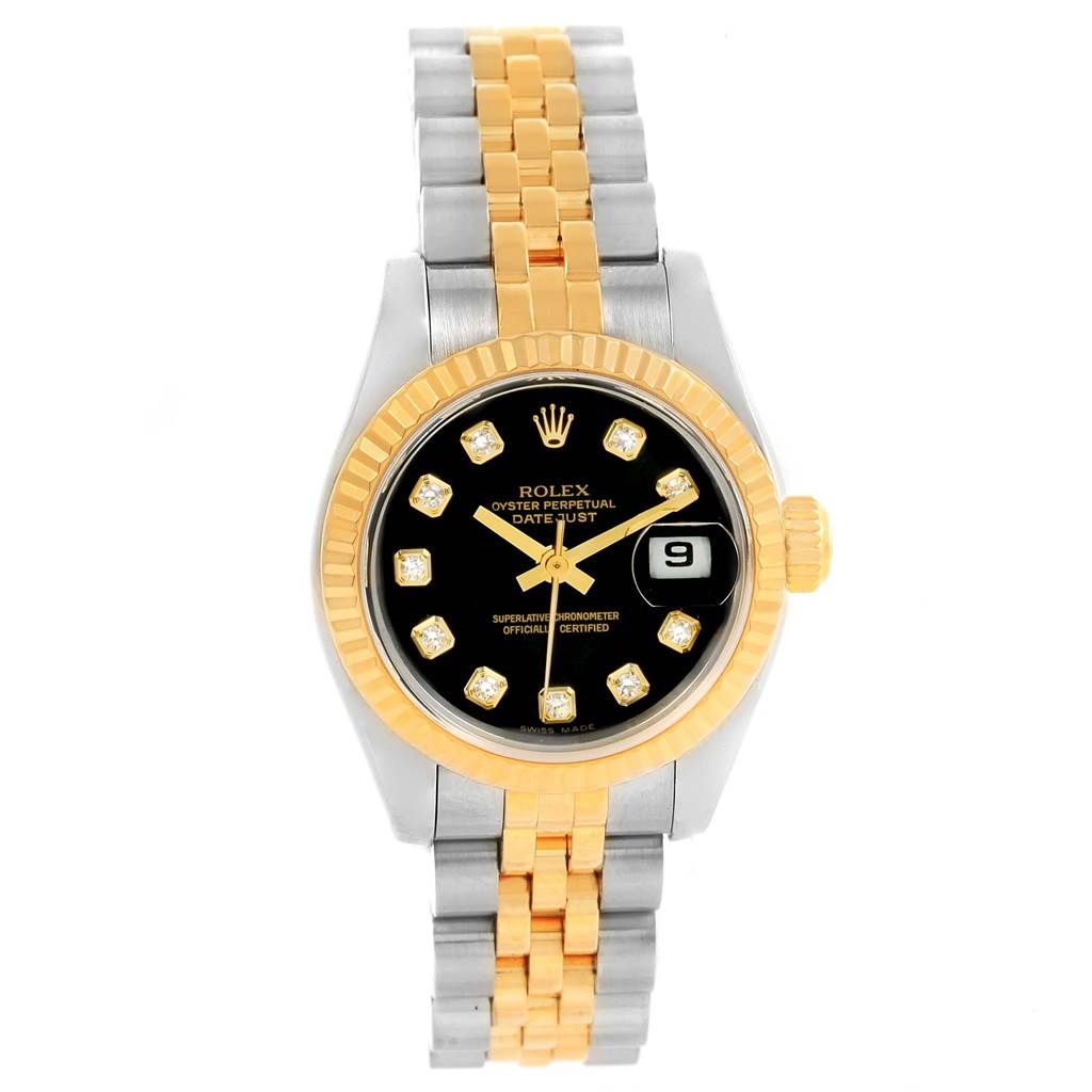 The Rolex Datejust 179173 Women's Steel and Gold (two tone) Black Dial 179173 Women's Steel and Gold (two tone) Black Dial watch is shown in a straight-on angle, displaying the face, bezel, and bi-metal Jubilee bracelet.