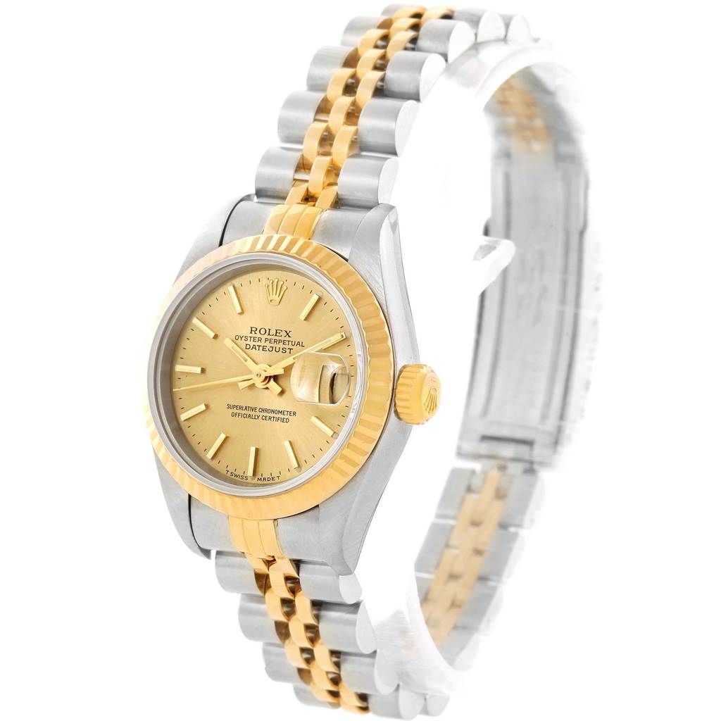The image shows a Rolex Datejust 79173 Women's Stainless Steel Champagne Dial 79173 Women's Stainless Steel Champagne Dial watch angled to display the face, crown, and two-tone bracelet.