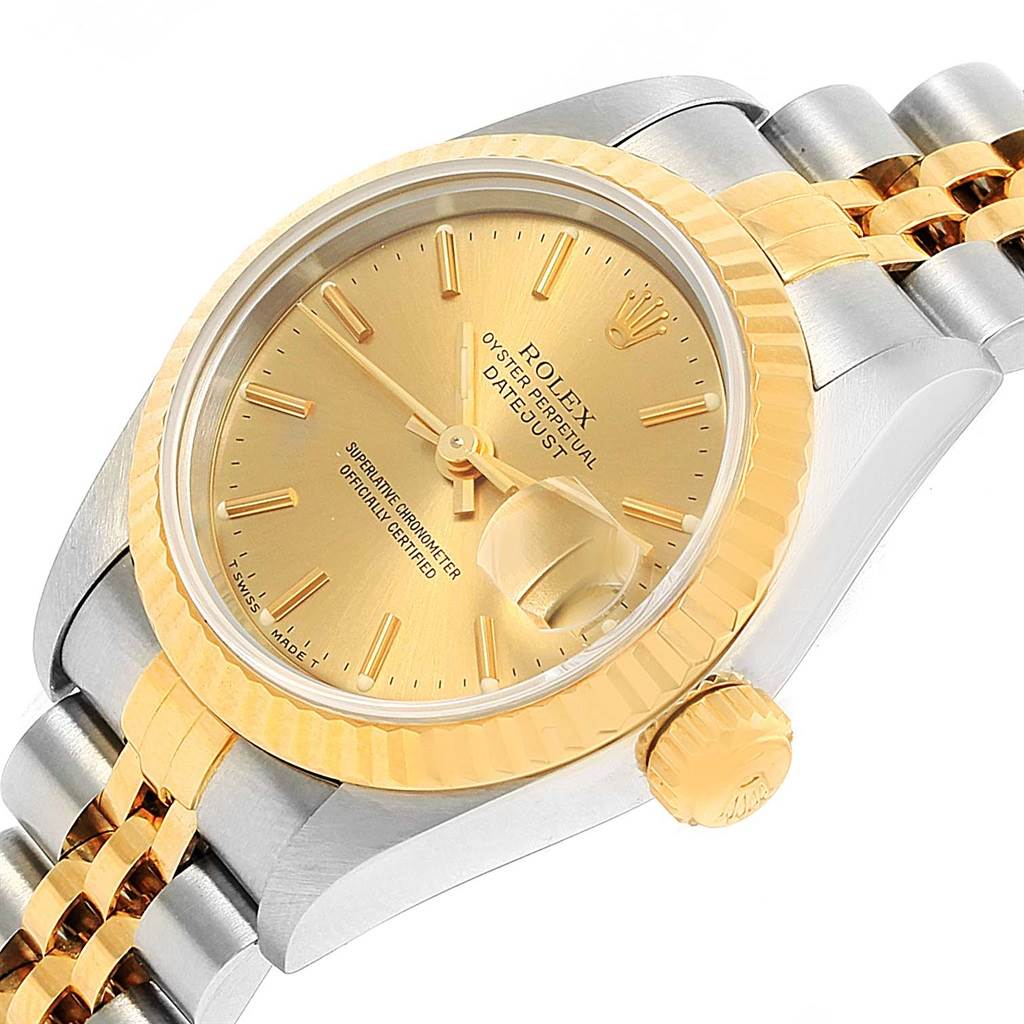 This image shows a gold-faced Rolex Datejust 69173 Women's Stainless Steel Champagne Dial 69173 Women's Stainless Steel Champagne Dial watch at a slight side angle, highlighting the face, bezel, crown, and part of the bracelet.