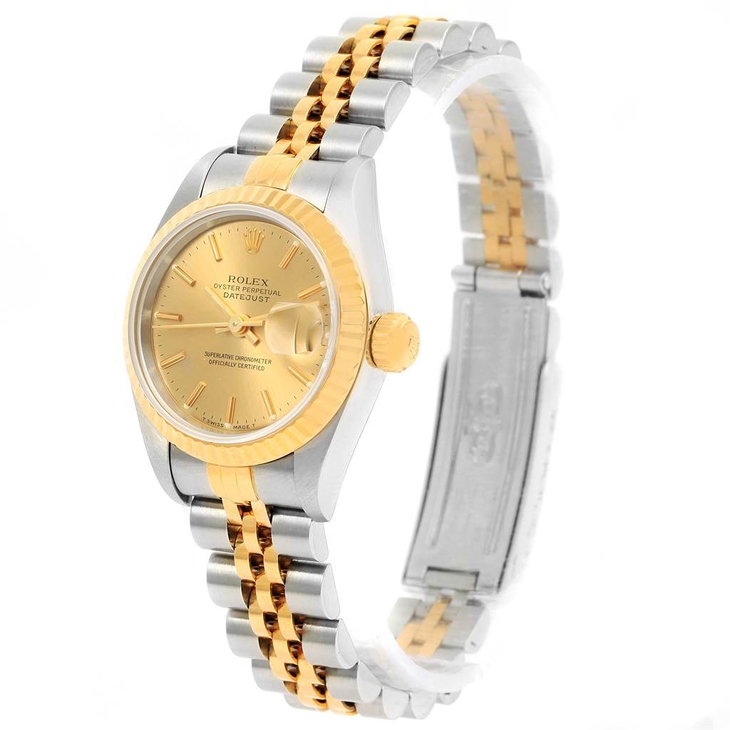 The Rolex Datejust 69173 Women's Stainless Steel Champagne Dial 69173 Women's Stainless Steel Champagne Dial watch is shown from a three-quarter angle, highlighting the dial, bezel, crown, and two-tone jubilee bracelet.