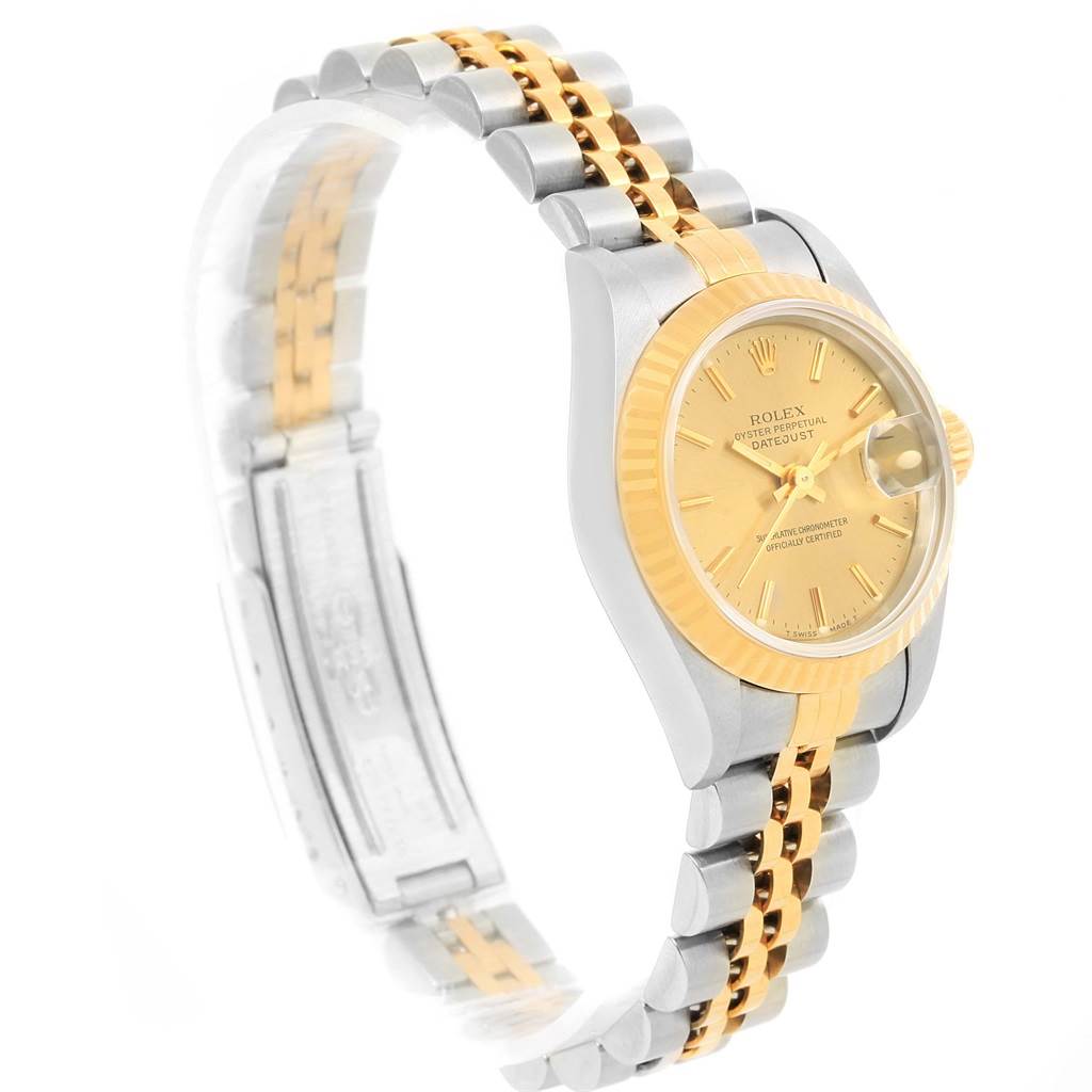 The image shows a side view of a Rolex Datejust 69173 Women's Stainless Steel Champagne Dial 69173 Women's Stainless Steel Champagne Dial watch, focusing on its two-tone bracelet, face, and case.