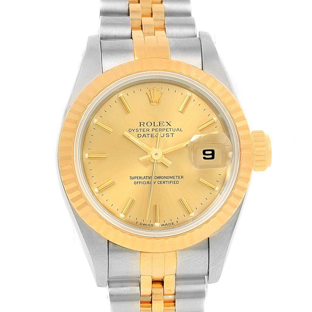 This image shows a frontal view of a Rolex Datejust 69173 Women's Stainless Steel Champagne Dial 69173 Women's Stainless Steel Champagne Dial model, displaying its face, bezel, crown, and part of its two-tone bracelet.
