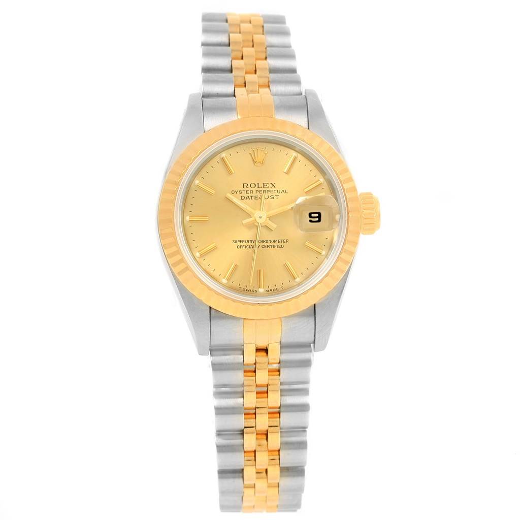The Rolex Datejust 69173 Women's Stainless Steel Champagne Dial 69173 Women's Stainless Steel Champagne Dial watch is shown from a top-down angle, displaying the dial, bezel, and bracelet.