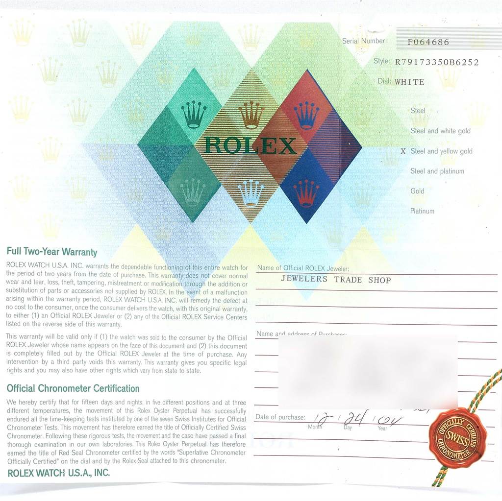 This image shows a warranty and certification card for a Rolex Datejust 79173 Women's Steel and Gold (two tone) White Dial 79173 Women's Steel and Gold (two tone) White Dial watch.