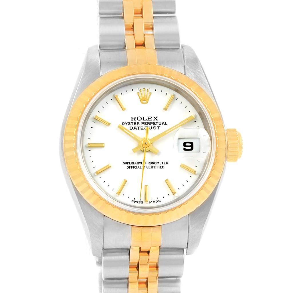 This image shows a front view of a Rolex Datejust 79173 Women's Steel and Gold (two tone) White Dial 79173 Women's Steel and Gold (two tone) White Dial watch, displaying the dial, bezel, and part of the bracelet.