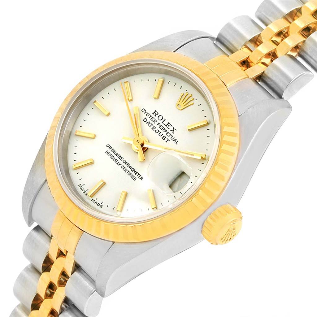 The image shows a Rolex Datejust 79173 Women's Steel and Gold (two tone) White Dial 79173 Women's Steel and Gold (two tone) White Dial watch at a slight angle, highlighting the face, bezel, crown, and part of the bracelet.