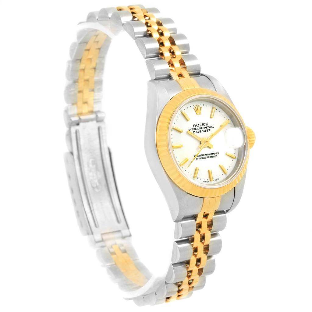 The image shows a Rolex Datejust 79173 Women's Steel and Gold (two tone) White Dial 79173 Women's Steel and Gold (two tone) White Dial watch at a slight angle, highlighting its gold and silver bracelet, bezel, and white dial.
