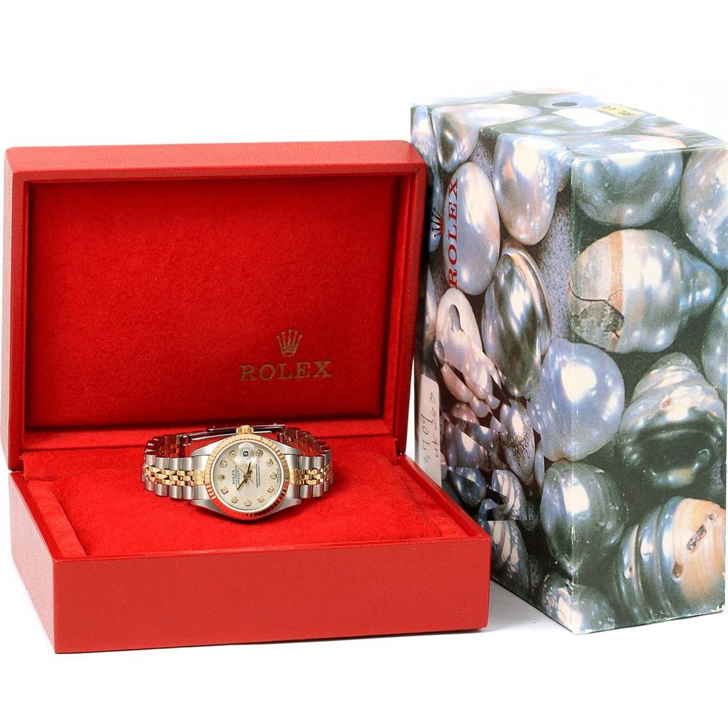 This image shows a Rolex Datejust 79173 Women's Stainless Steel Silver Dial 79173 Women's Stainless Steel Silver Dial watch inside a red box, viewed from a front angle with its bracelet and dial visible.