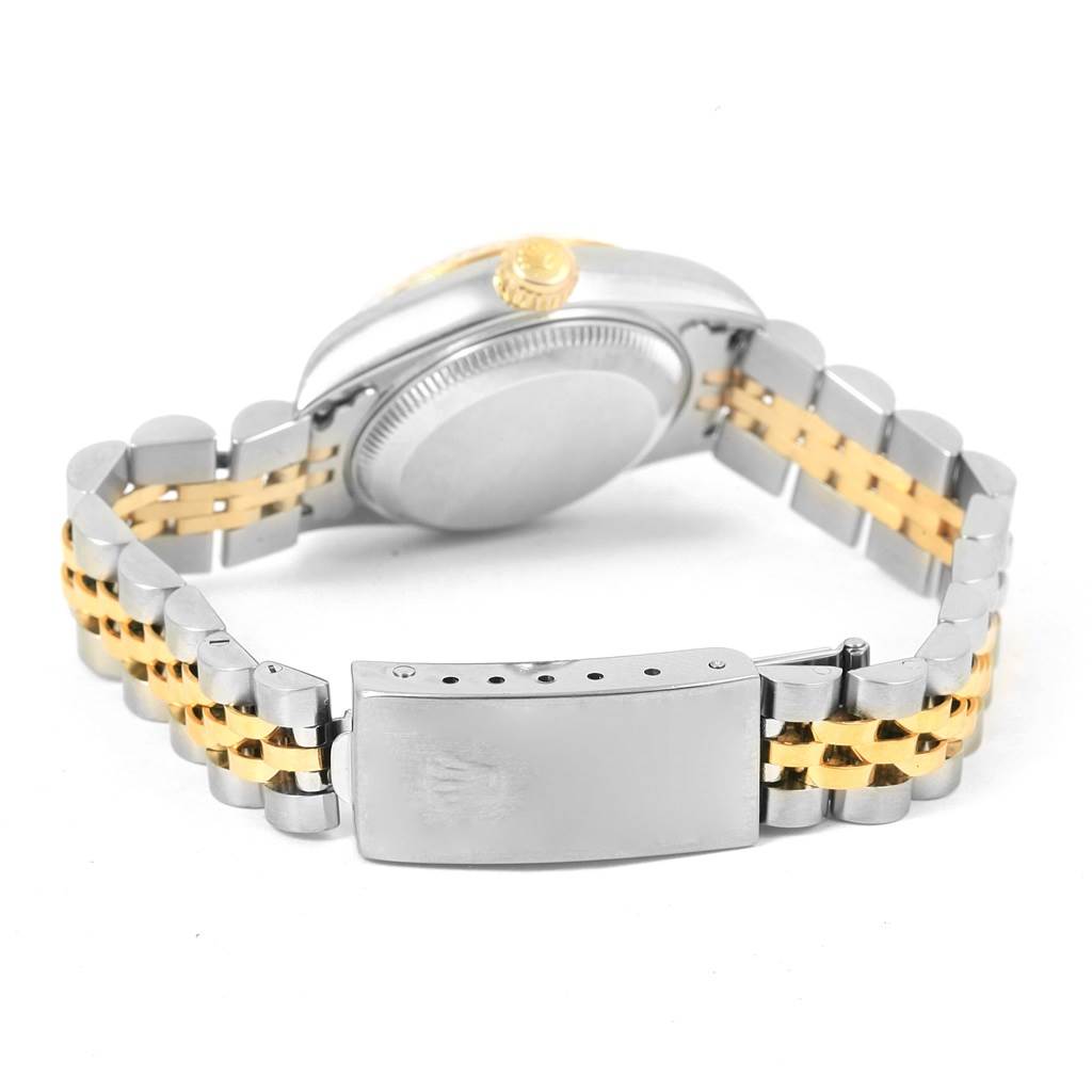 The image shows the back of a Rolex Datejust 79173 Women's Stainless Steel Silver Dial 79173 Women's Stainless Steel Silver Dial watch, highlighting its clasp, bracelet, and caseback.