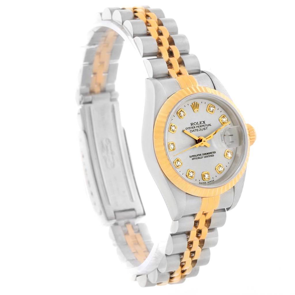 The Rolex Datejust 79173 Women's Stainless Steel Silver Dial 79173 Women's Stainless Steel Silver Dial watch is shown from a three-quarter angle, displaying the face, bezel, bracelet, and part of the clasp.
