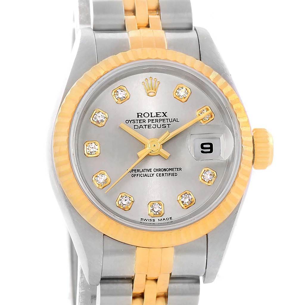 This Rolex Datejust 79173 Women's Stainless Steel Silver Dial 79173 Women's Stainless Steel Silver Dial watch is shown from the front, displaying its face, fluted bezel, and two-tone bracelet.