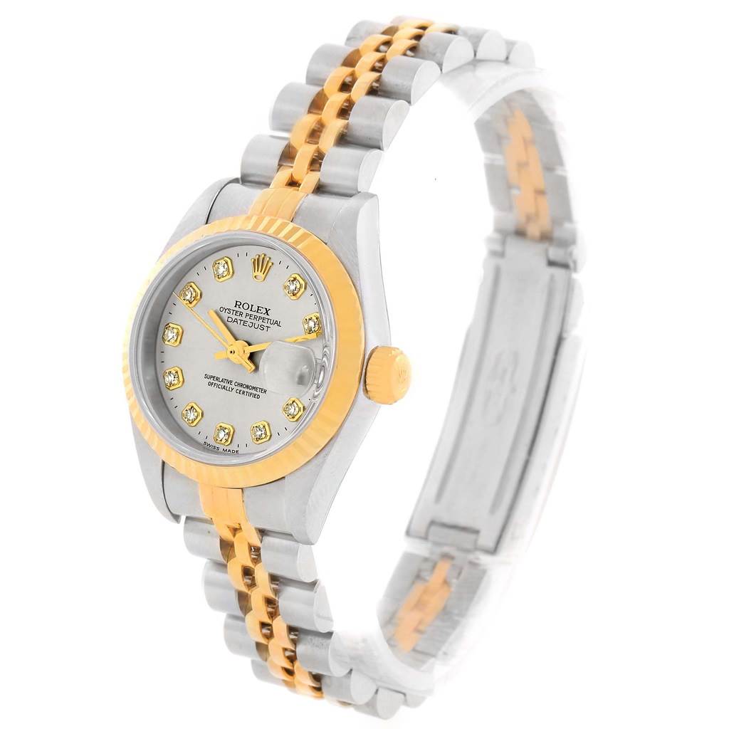 The image shows a front-side angle of a Rolex Datejust 79173 Women's Stainless Steel Silver Dial 79173 Women's Stainless Steel Silver Dial watch, highlighting the dial, bezel, and two-tone bracelet.