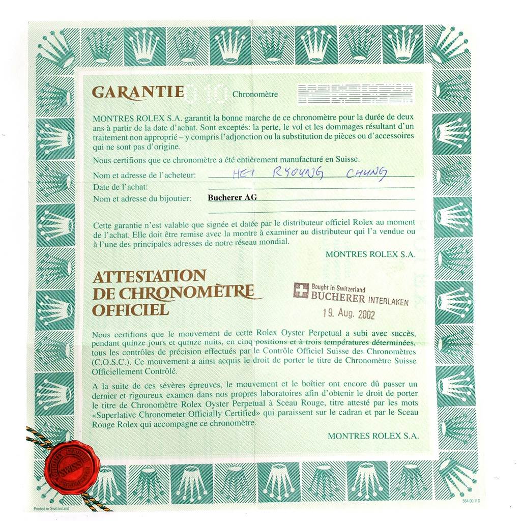 This image shows a warranty certificate for a Rolex Datejust 79173 Women's Stainless Steel Silver Dial 79173 Women's Stainless Steel Silver Dial watch, displaying details of purchase and certification.