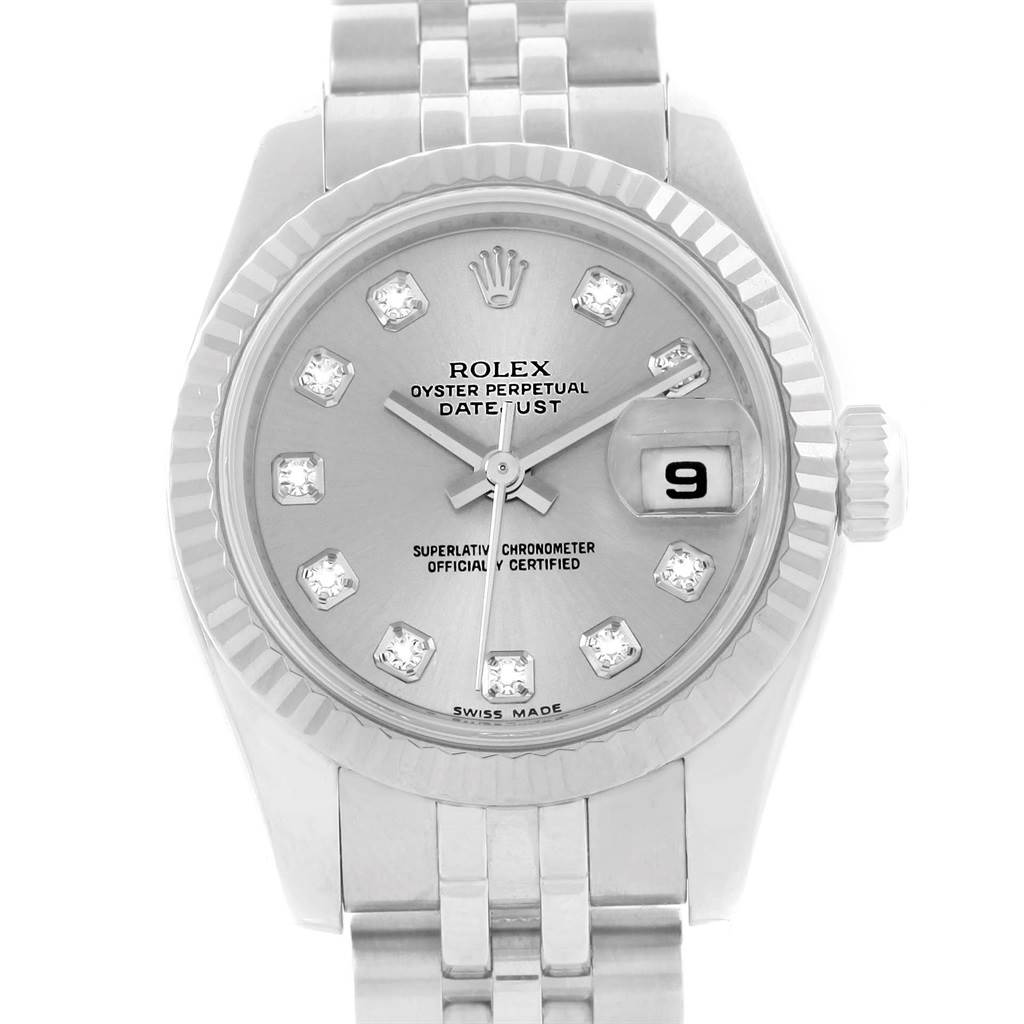 This is a front view of the Rolex Datejust 179174 Women's Stainless Steel Silver Dial 179174 Women's Stainless Steel Silver Dial watch showing the dial, bezel, bracelet, and date window.