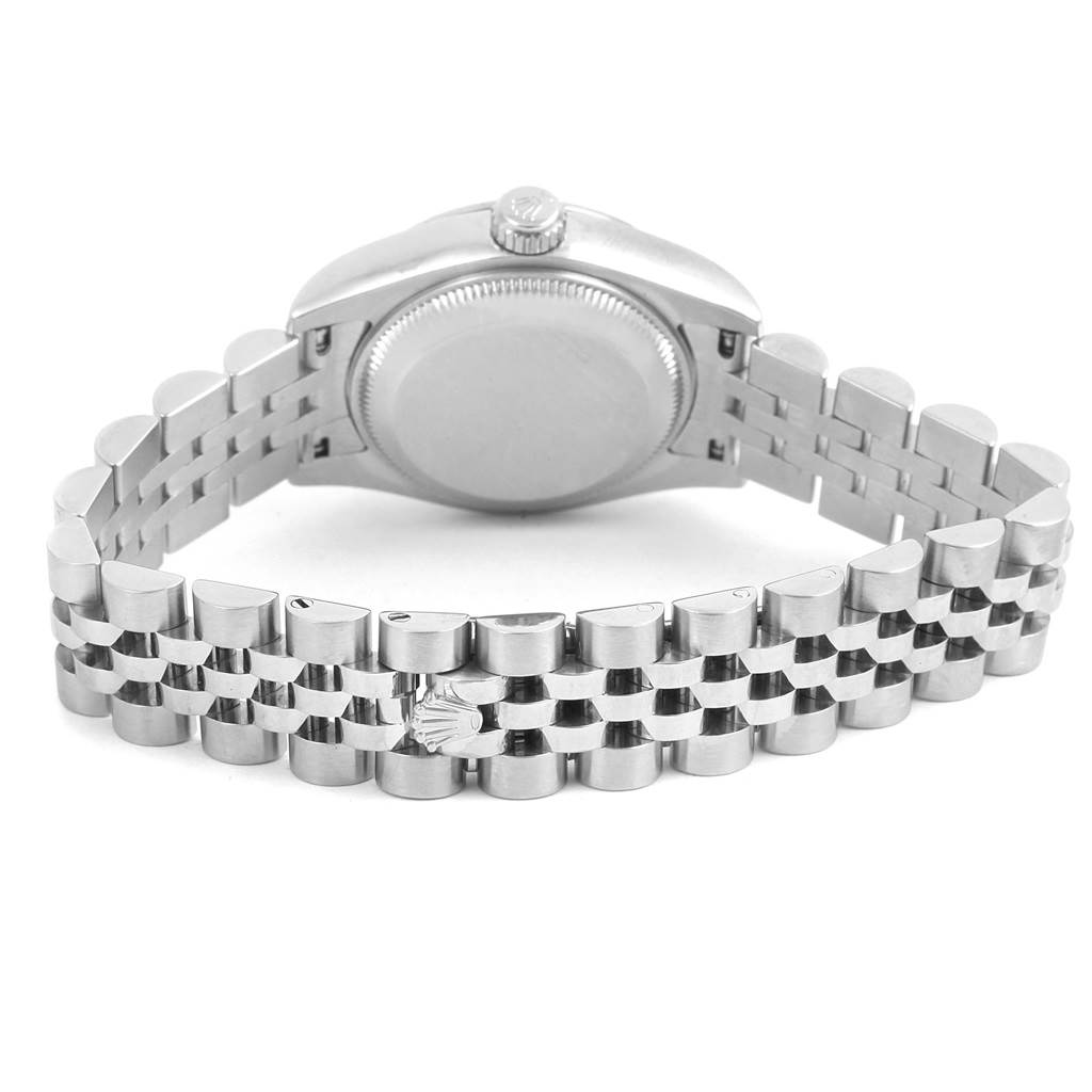 The image shows the back case and Jubilee bracelet of a Rolex Datejust 179174 Women's Stainless Steel Silver Dial 179174 Women's Stainless Steel Silver Dial watch.