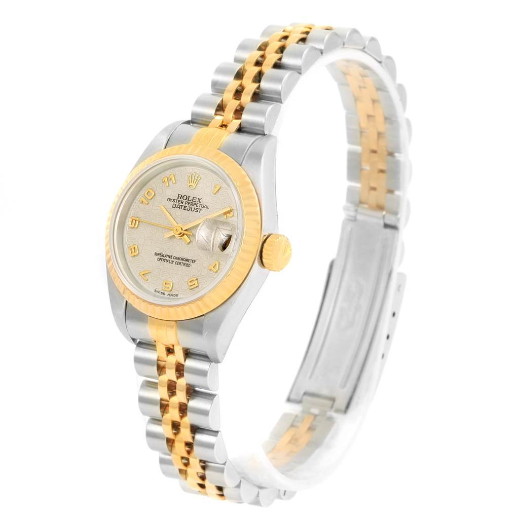 The image shows a Rolex Datejust 79173 Women's Steel and Gold (two tone) Beige Dial 79173 Women's Steel and Gold (two tone) Beige Dial watch at a slight angle, highlighting the face, crown, and two-tone band.