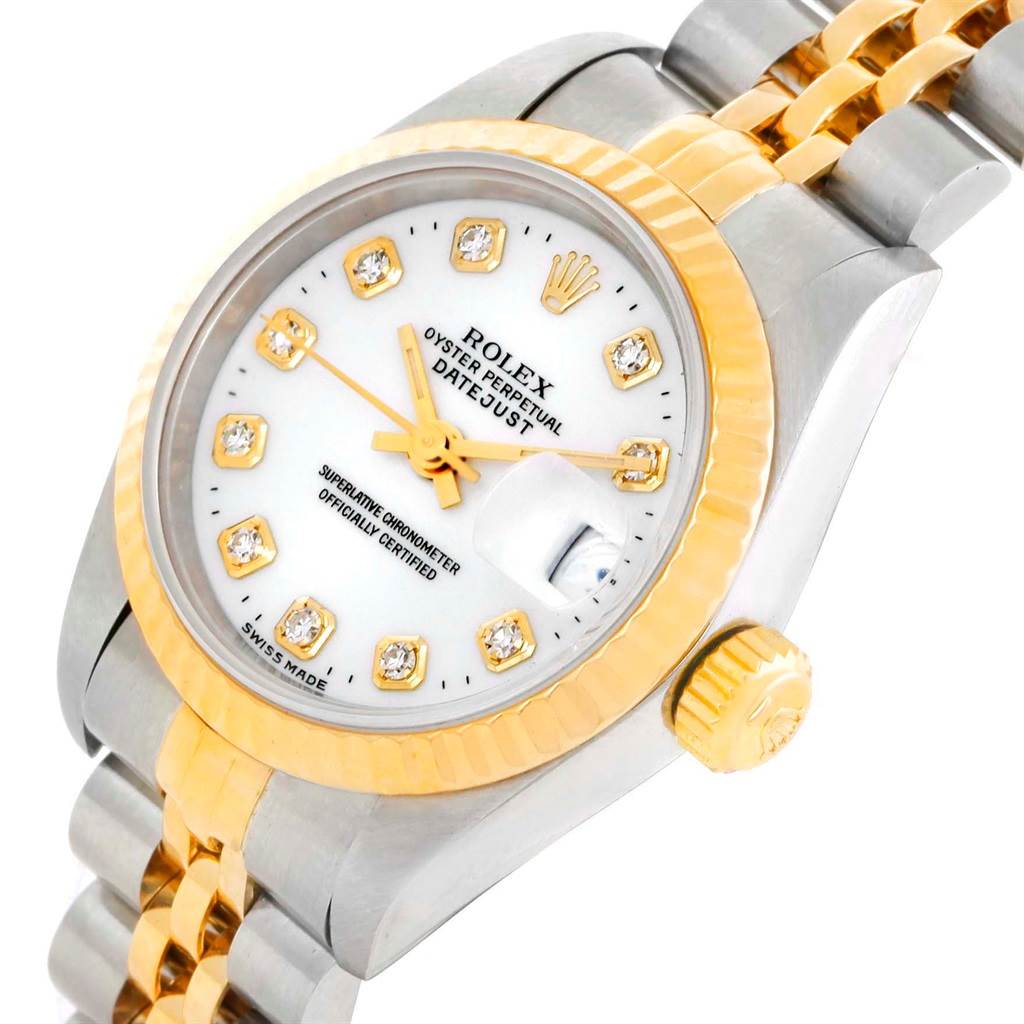 This image shows a close-up angle of a Rolex Datejust 69173 Women's Stainless Steel White Dial 69173 Women's Stainless Steel White Dial watch, highlighting the face, bezel, and two-tone bracelet.