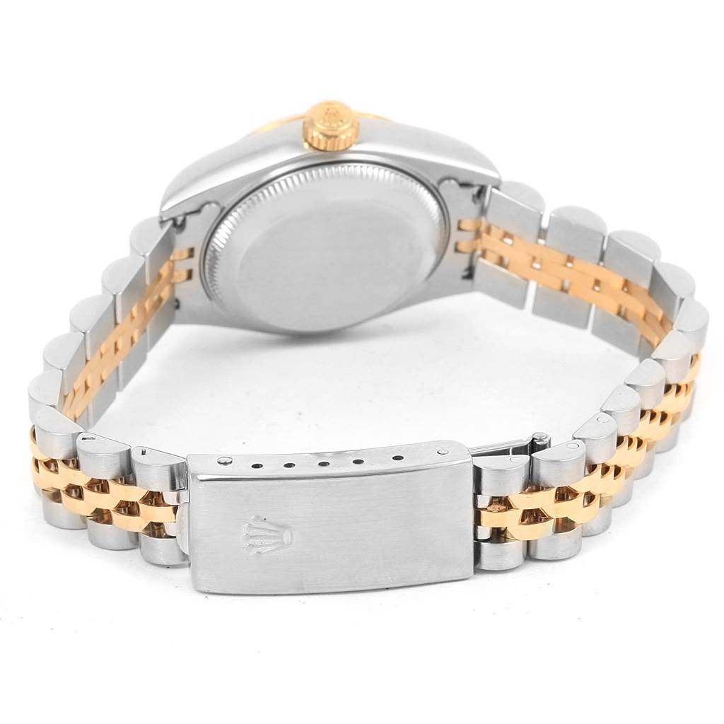The image shows the back and the bracelet with clasp of a Rolex Datejust 69173 Women's Stainless Steel White Dial 69173 Women's Stainless Steel White Dial watch, highlighting its two-tone design.