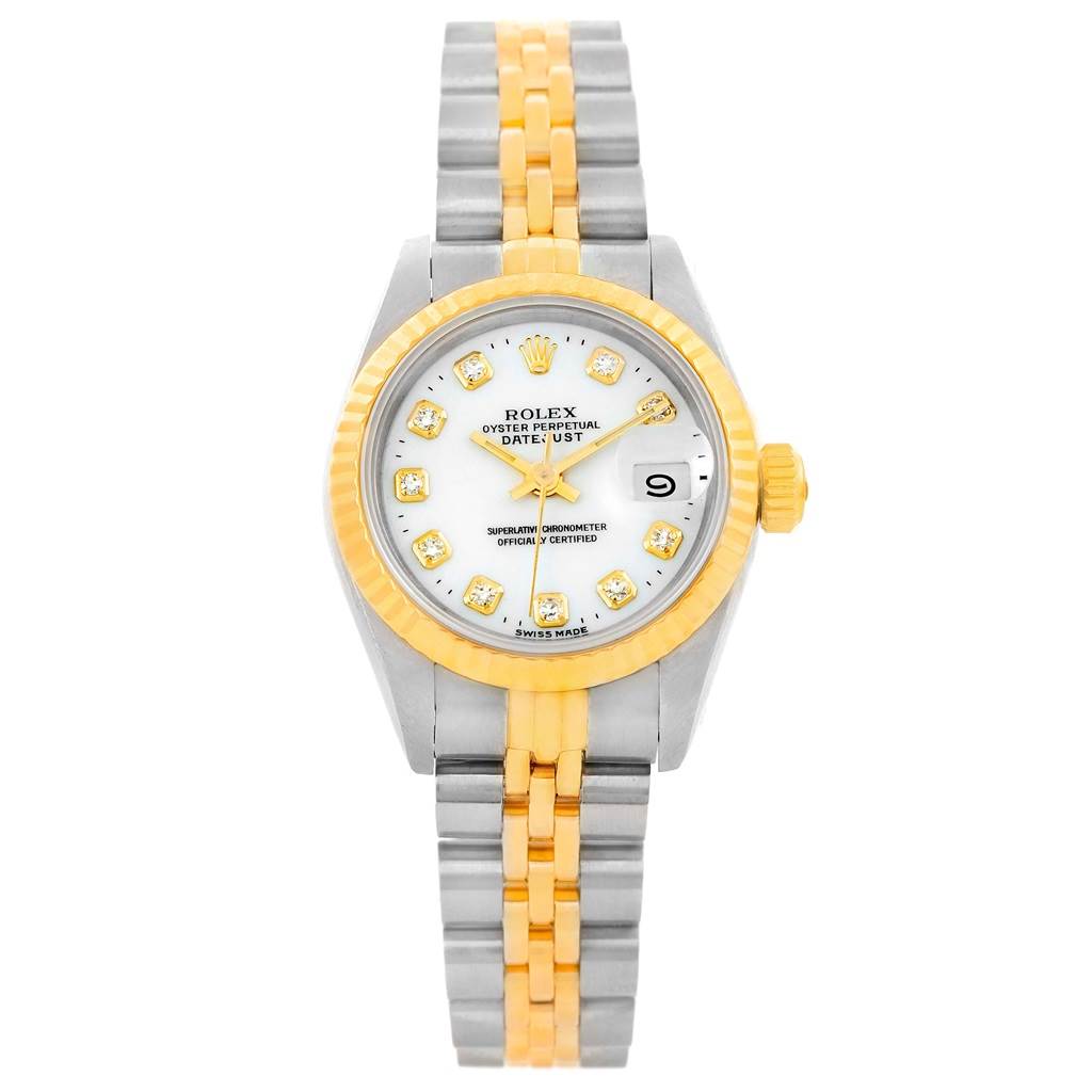 This Rolex Datejust 69173 Women's Stainless Steel White Dial 69173 Women's Stainless Steel White Dial watch is shown from the front, featuring its face, bezel, and bracelet.