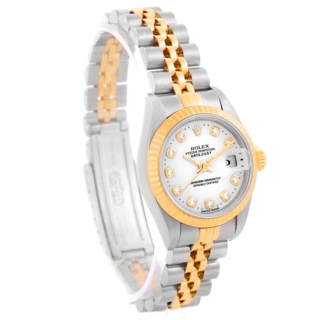 The Rolex Datejust 69173 Women's Stainless Steel White Dial 69173 Women's Stainless Steel White Dial watch is shown at a 3/4 angle, displaying the face, crown, and two-tone bracelet.