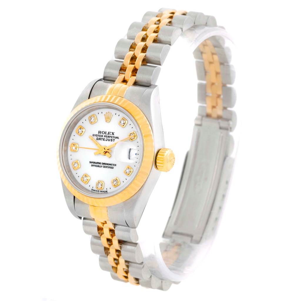 The Rolex Datejust 69173 Women's Stainless Steel White Dial 69173 Women's Stainless Steel White Dial watch is shown at a 3/4 angle, highlighting its two-tone bracelet and diamond-accented dial.