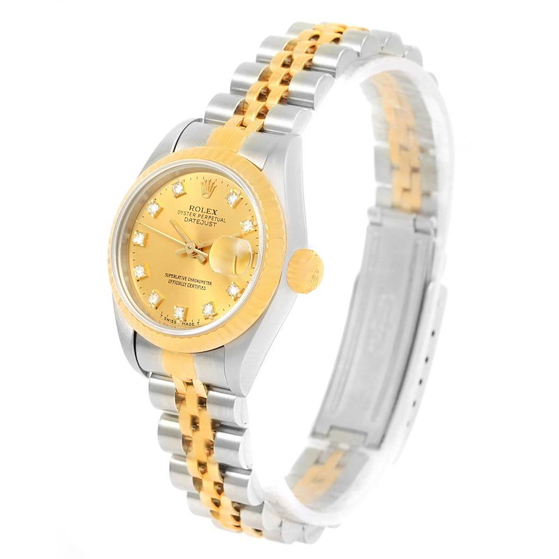 This image shows a Rolex Datejust watch at an angled side view, highlighting its dial, bezel, and two-tone bracelet.