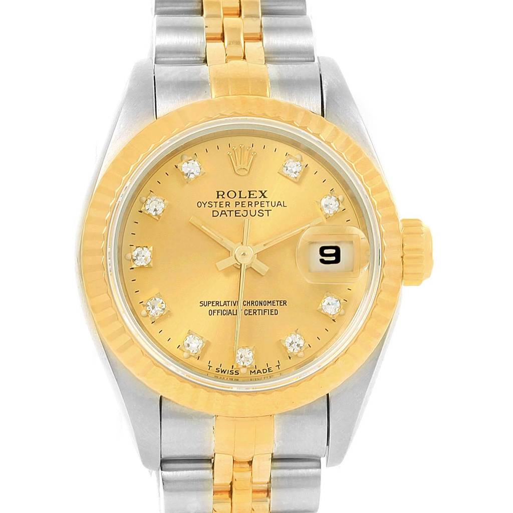 The image shows a frontal view of the Rolex Datejust 69173 Women's Stainless Steel Champagne Dial 69173 Women's Stainless Steel Champagne Dial watch, highlighting its face, bezel, and bracelet.